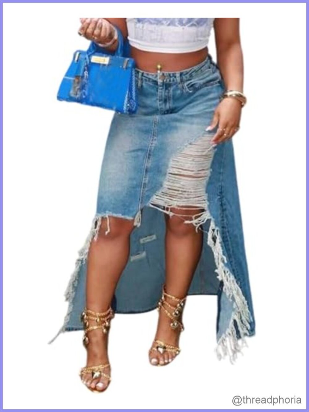 High Low Distressed Fringe Denim Maxi Skirt with Slit Pencil Fit